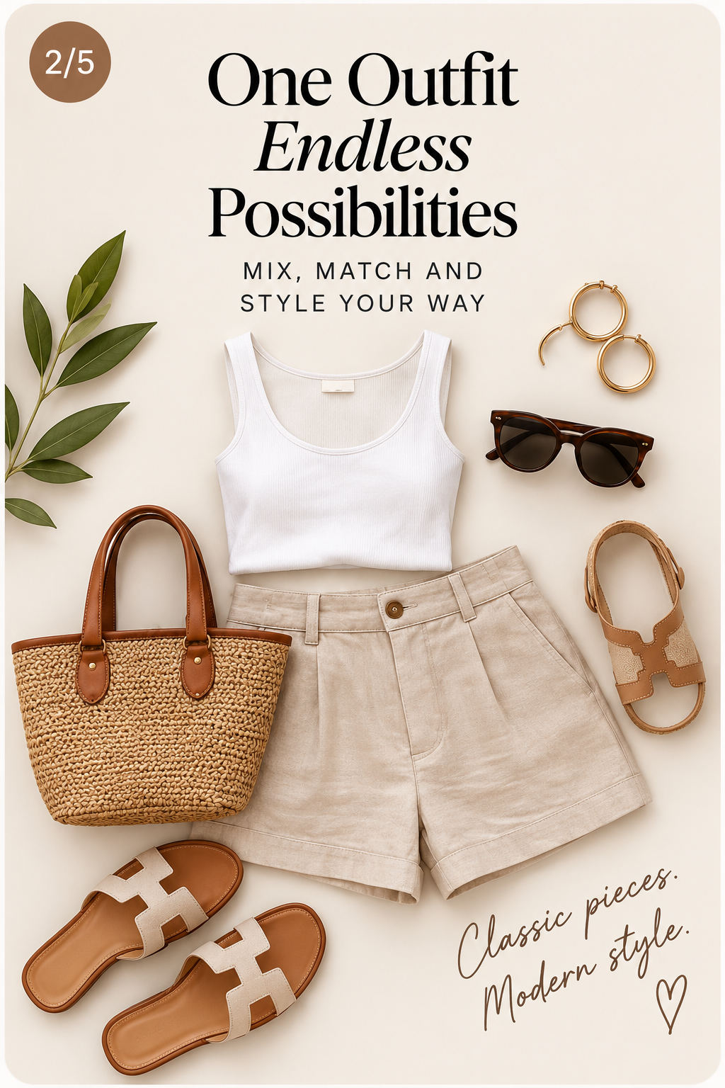 Fashion carousel flat lay showing one outfit and styling possibilities