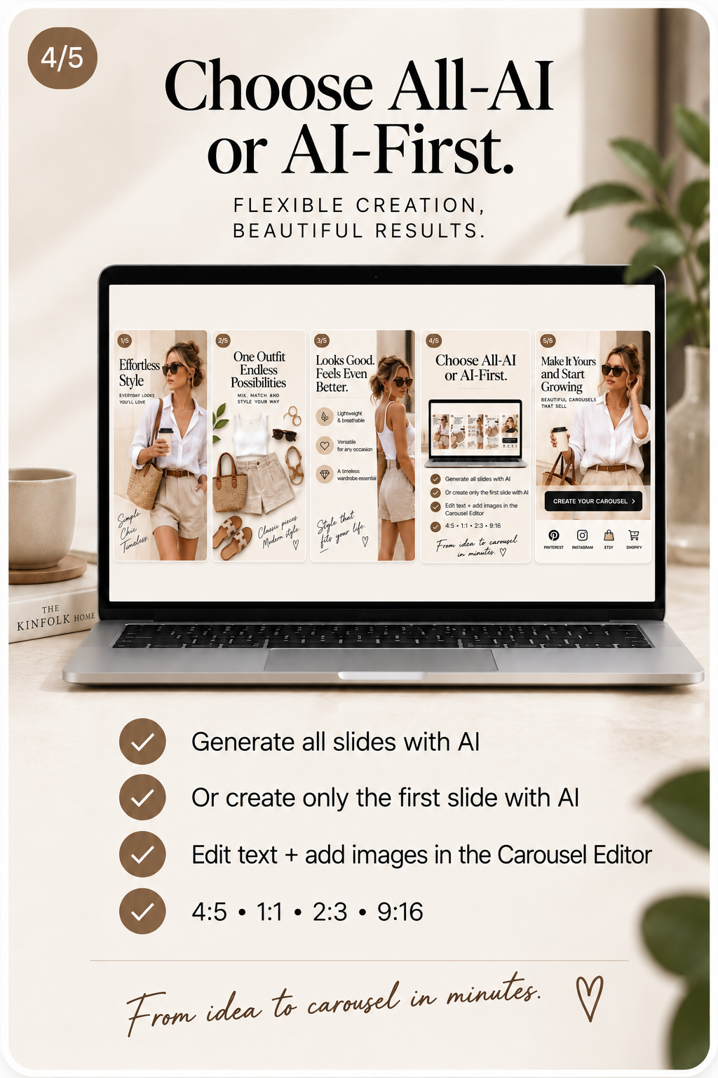 Fashion carousel slide showing AI and editor creation options
