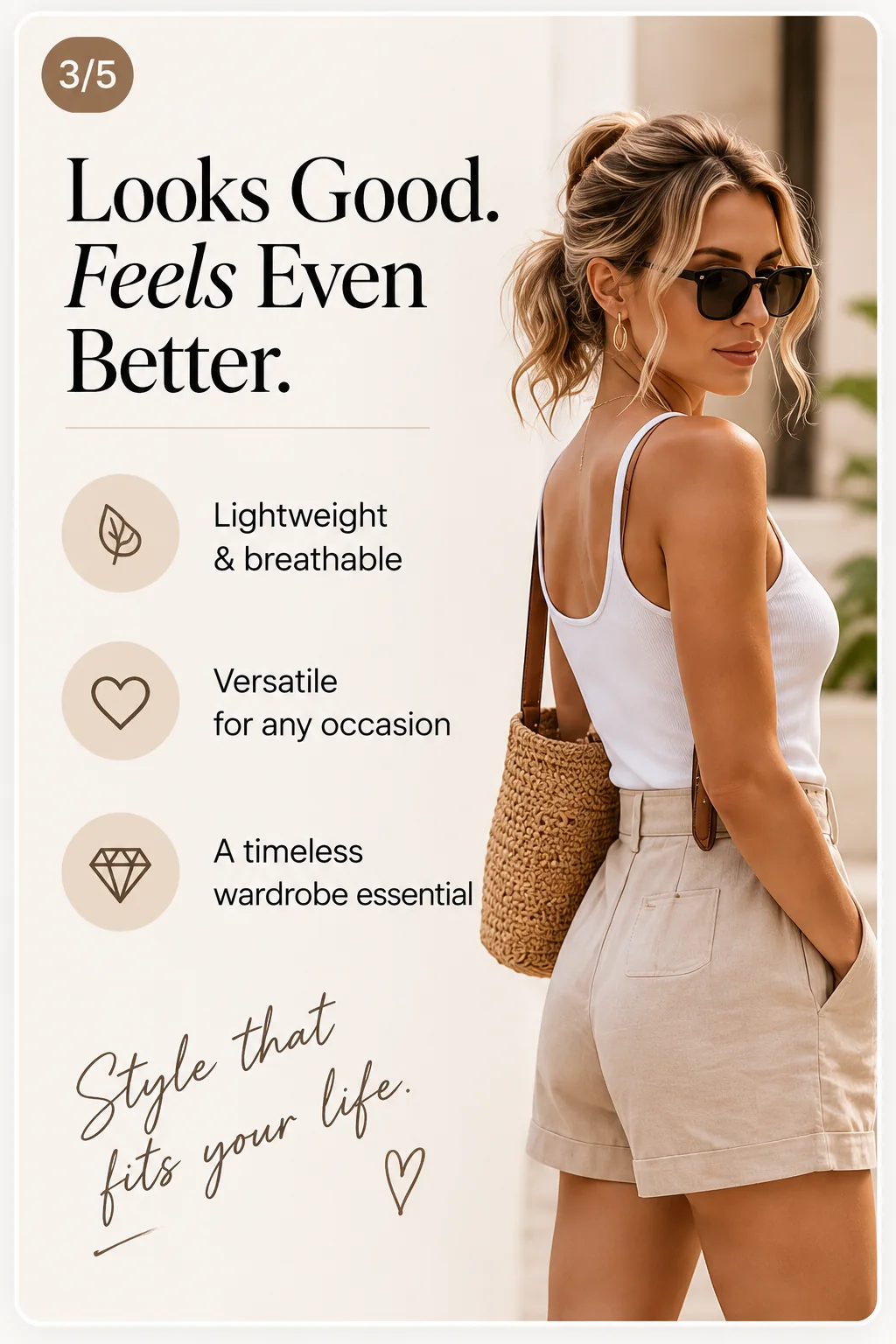 Fashion carousel slide explaining lightweight and versatile style benefits