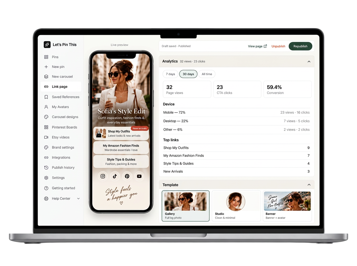Link Page builder with live preview, templates and analytics