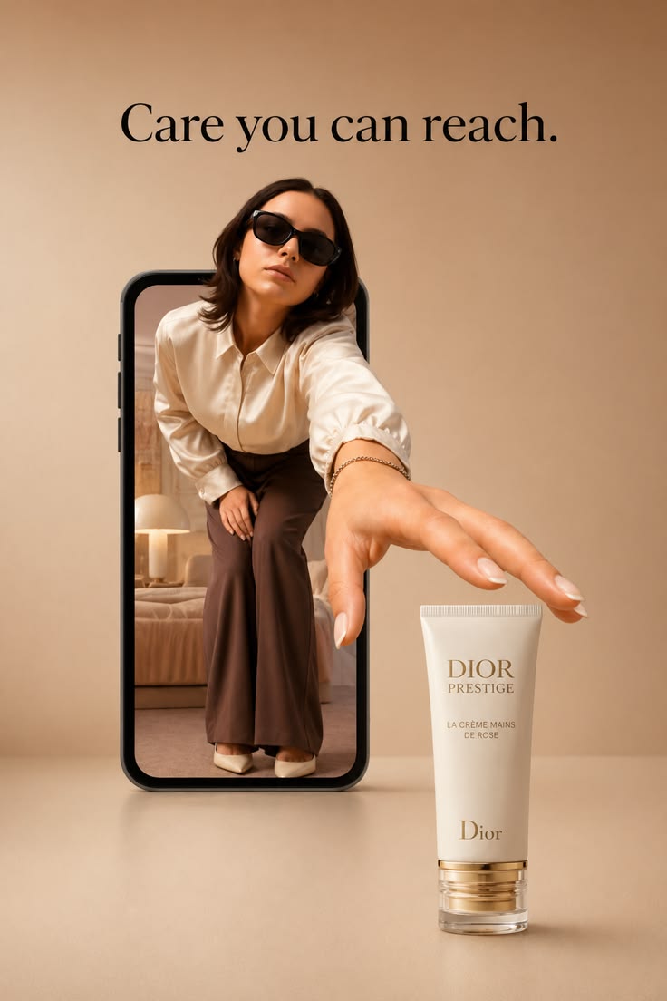 Original ad: woman reaching out of a phone toward a hand cream